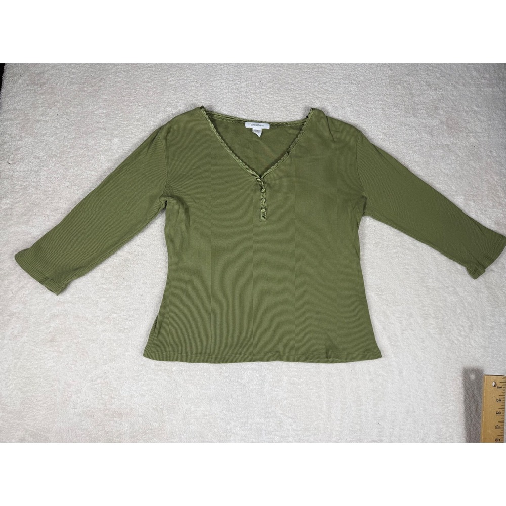 Dressbarn Henley Top Women Medium Olive Green scalloped Ribbed Cotton 3/4 Sleeve
